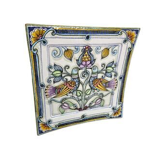 Vintage Hand Painted Love Birds Italian Ceramic Decorative Plate Majolica Style